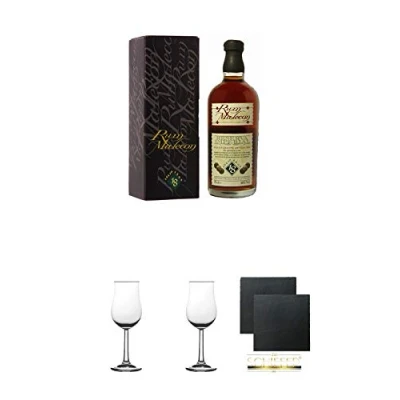 Abbildung von Malecon Reserva Imperial Rum 18 Jahre Panama 0,7 Liter + 2 Bugatti Nosing Gläser mit Eichstrich 2cl und 4cl Schiefer Glasuntersetzer eckig ca. 9,5 cm Ø