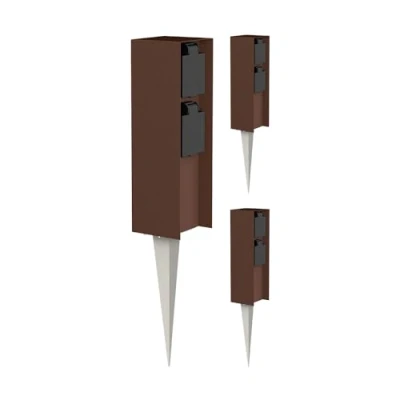 Abbildung von ledscom.de 3 Stück Garten Steckdosen Säule POMI mit Erdspieß für außen, IP44, 2 Fach, braun, eckig, 23cm