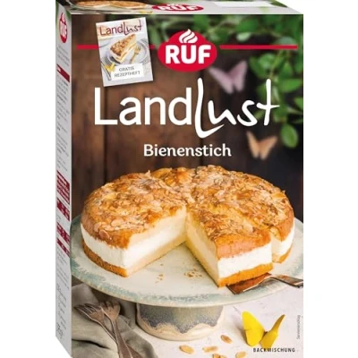 Abbildung von RUF Landlust Bienenstich Backmischung, Rührkuchen mit Bourbon Vanillecreme &amp; karamellisierter Mandeldecke, Florentiner Mix, schnelle einfache Zubereitung, inkl. Rezeptheft