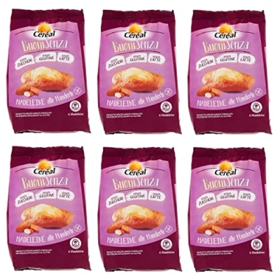 Abbildung von 6x Céréal BuoniSenza Madeleine alle Mandorle Mandel Madeleines Ideal zum Frühstück Süßer Snack mit Mandelgeschmack glutenfrei, milchfrei und zuckerfrei 180g Packung