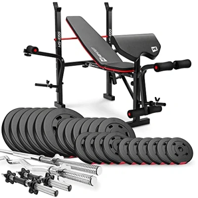 Abbildung von Hop Sport Hantelbank mit Gewichten HS 1055, klappbare Trainingsbank Curlpult, Butterfly und Beincurler Inkl. 38 kg 129,5 Hanteln Set