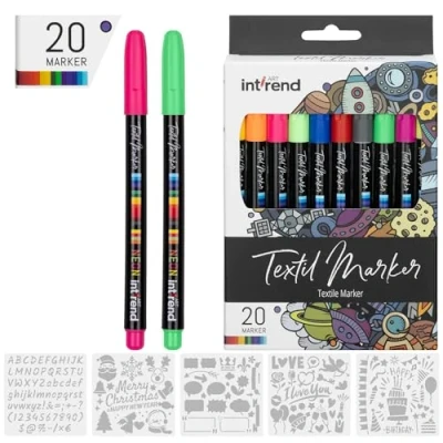 Abbildung von int!rend Permanentmarker 20 bunte Stoffmalfarben waschfest und 5 Schablonen Stoffmalfarbe, (1 tlg), Textilstifte waschmaschinenfest 25er Set Textilfarbe Textilmarker