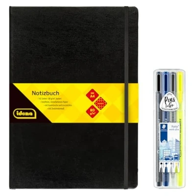Abbildung von Idena 90336 Notizbuch DIN A4 mit 192 Seiten, kariert, inkl. STAEDTLER Triplus Mobile Office Set Fineliner, Kugelschreiber, Druckbleistift und Textmarker