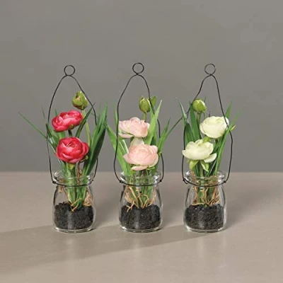 Abbildung von mucplants 6X künstiche Ranunkeln im Glastopf 19cm (3X weiß, 2X pink, 1x Fuchsia) zum Stellen oder Hängen Tischdekoration Kunstblume Frühlingsdekoration Seidenblumen