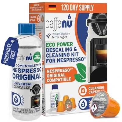 Abbildung von Caffenu Nespresso Original kompatibles Reinigungs Set 2x Flüssig Entkalker 4x Reinigungskapseln Verhindert Maschinenausfälle Natürliche Formel Für perfekten Kaffeegenuss 4 Monats Packung