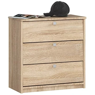 Abbildung von AKORD Schuhschrank mit 4 Schuhregalen und 3 Klapptüren Schuhkipper Schuhregal geschlossen Schuhbank Schuhaufbewahrung B60 x H62 T31 cm, Gewicht 21 kg Farbe Sonoma Eiche