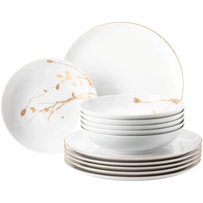 Abbildung von Seltmann Weiden Tafelservice &quot;Geschirr Set, 12 Teile, Liberty Golden Rose Hip&quot;, (Set, tlg., 6x Speiseteller, Suppenteller rund 21 cm), mit goldfarbenem Zweig, Made in Germany