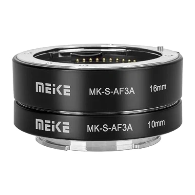 Abbildung von Meike MK S AF3A Metall Autofokus Makro Verlängerungsrohr Adapterring (10 mm + 16 mm) für Sony Mirrorless E Mount A5000 A5100 A6000 A6300 A6500 A6400 A6600 A6100 A9 A7III A7 NEX NEX5 NEX6 NEX7