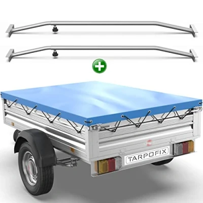 Abbildung von Tarpofix® Anhängerplane 2075x1140 mm + 2X Planenbügel Anhänger Plane Flachplane aus PVC PLANENMATERIAL Verstärkte Stema für 750kg PKW Hänger Abdeckplane Flachplanenbügel Blau