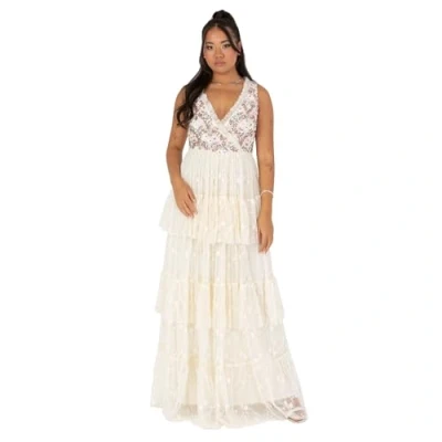 Abbildung von Maya Deluxe Women&#039;s Ladies Maxi Dress Sleeveless V Neckline Wrap Tiered Ruffle Sequin Embellished Embroidered Tulle A line Ball Gown Ecru 48