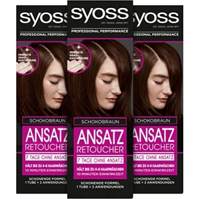 Abbildung von Syoss Ansatz Retoucher Schoko Braun Stufe 1 (3 x 60 ml), semi permanente Ansatzfarbe für 7 Tage ohne Ansatz, Haarfarbe schnelle und einfache Ansatzbehandlung