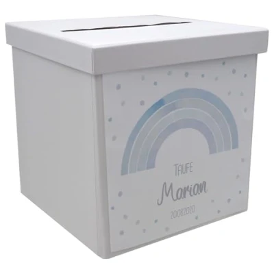 Abbildung von ZauberDeko Briefbox Kartenbox Regenbogen Blau Taufe Kommunion Konfirmation Tischdeko Personalisiertes Geschenk