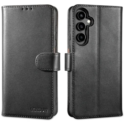 Abbildung von LENSUN Echtleder Hülle für Samsung Galaxy S23 FE, Handyhülle [Echtes Leder] [Kartenfach] [RFID Schutz] Lederhülle Flip Handytasche FE 5G Schwarz
