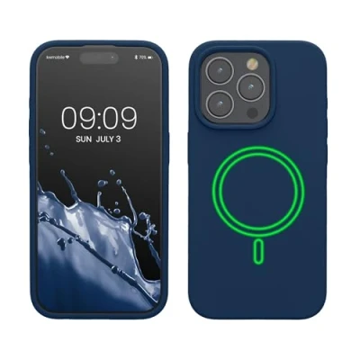 Abbildung von kwmobile Hülle kompatibel mit Apple iPhone 15 Pro magnetisches Silikon Case MagSafe Cover gummiert Marineblau