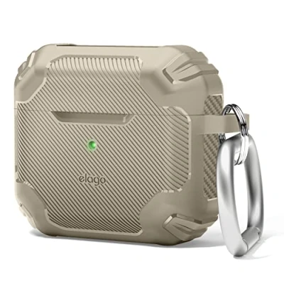 Abbildung von elago Solid Armor Hülle Kompatibel mit AirPods 3 Case Cover Stoßdämpfendes Design, strapazierfähiges TPU Material, unterstützt kabelloses Laden, Ganzkörperschutz (Sand)