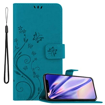 Abbildung von Cadorabo Hülle kompatibel mit Apple iPhone 12 Mini Blumen Design aus Kunst Leder Flip Klappbare Stoßfeste Magnetische [Standfunktion] [Kartenfächern] Cover für Tasche in Blau