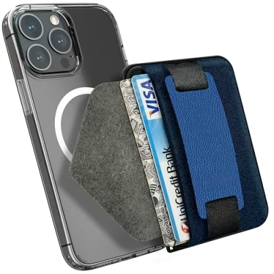 Abbildung von MyGadget Magnetische Magsafe Wallet Kunstleder mit Kartenfach und Fingerhalterung RFID Schutz kompatibel Apple iPhone 16 15 14 13 12 Series Dunkel Blau