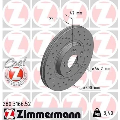 Abbildung von ZIMMERMANN SPORT COAT Z 280.3166.52 Bremsscheibe 300 25 9/5 5 114 innenbelüftet, gelocht beschichtet HONDA: Accord 7 Tourer, Limousine