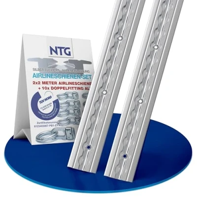 Abbildung von NTG 2 x m Alu Airlineschiene, zum Einlassen, versenkbar als Bodenprofil 2m 1975mm Sparset m. 10x Doppelfitting Ladungssicherung für LKWs und Wohnmobile Gebohrte Zurrschiene Silber eloxiert