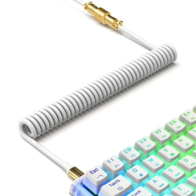 Abbildung von XINMENG C02 Spiraltastaturkabel, TPU erweiterbares USB C Spiralkabel, Typ auf A, mit abnehmbarem Luftfahrtstecker aus Goldmetall, für mechanische Gaming Tastatur, Mac, PC, Laptop Weiß