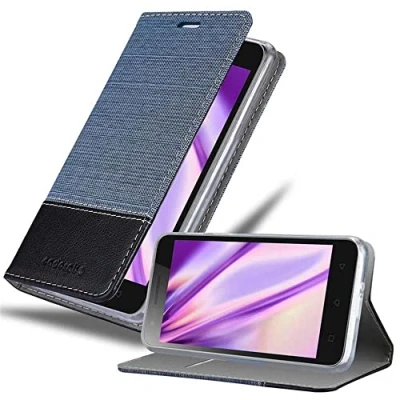 Abbildung von Cadorabo Hülle kompatibel mit Lenovo C2 aus Premium Jeans und Kunst Leder Flip Klappbare Stoßfeste Magnetische [Standfunktion] [Kartenfächern] Cover für Tasche in Blau