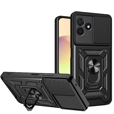 Abbildung von BOKYAS Armor Hülle für Realme C53 4G Mit Slide Kameraschutz Cover und Ring Ständer [Handyhülle Kompatibel Auto Magnet] Militärischer Stoßfeste Case, Schwarz