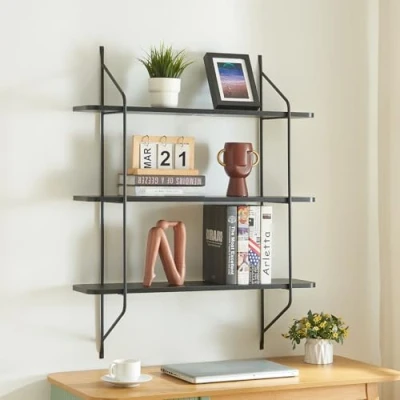 Abbildung von [en.casa] Wandregal Østfold Schweberegal mit 3 Ablagen Bücherregal Küchenregal 100x80x21 cm Schwarz