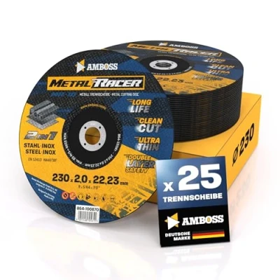 Abbildung von 25x Metall Trennscheibe Ø 230 x 2 22.23mm Die Metalltrennscheibe Metal Racer by AMBOSS WERKZEUGE ist geeignet für Stahl &amp; Edelstahl, Stahl/Inox passend Winkelschleifer