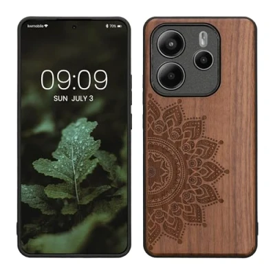 Abbildung von kwmobile Hülle kompatibel mit Xiaomi Redmi Note 14 5G Holz Case Handy Cover TPU Handyhülle in Dunkelbraun Aufgehende Sonne