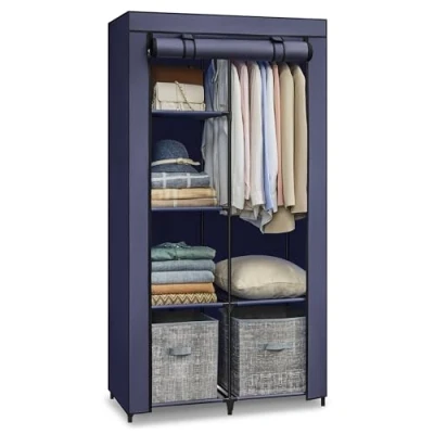 Abbildung von SONGMICS Kleiderschrank, Stoffschrank, 6 Ablagen, Verschiedene Aufbaumöglichkeiten, 88 x 45 168 cm, für Schlafzimmer, Ankleidezimmer, dunkelblau RYG084I02