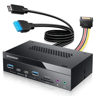 Abbildung von GRAUGEAR 8 Schnittstellen [10 Gbit/s] Frontpanel in 5,25 Zoll mit 2X USB C und A 3.2 Gen2 10 Gbps, SD &amp; microSD Kartenleser, Audio I/O, Mikrofon, Kopfhörer Ports