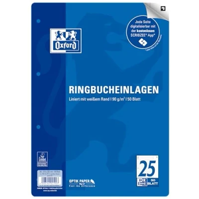 Abbildung von Oxford Ringbucheinlagen A4 liniert mit breitem, weißem Rand rechts, Lineatur 25, 50 Blatt