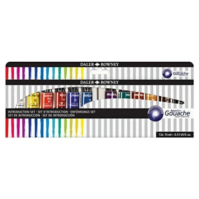 Abbildung von Daler Rowney Aquafine Gouachefarbe Einführungsset mit 12 Farben x 15 ml Tuben, ideal für Anfänger Künstler, Farbe auf Wasserbasis Leinwand und Papier, Deckende Aquarellfarben