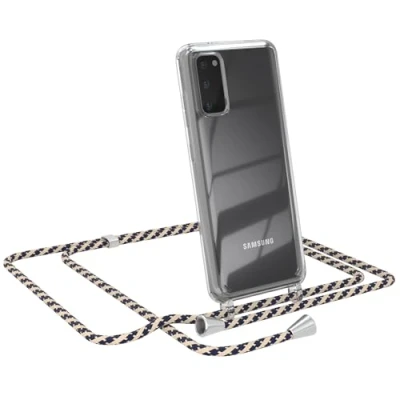 Abbildung von EAZY CASE Hülle mit Kordel Samsung Galaxy S20 / 5G, Transparente Handyhülle verstellbarem Kettenband zur Umhängeband, Kette, schmal in Taupe Camouflage Clip Silber