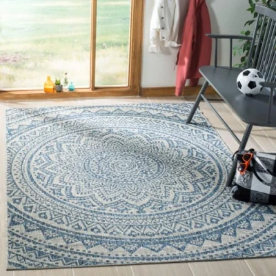 Abbildung von SAFAVIEH Zeitgenössische Teppich für Innen &amp; Außenbereich Courtyard Collection, Kurzer Flor, Hellgrau und Blau, 160 X 231 cm