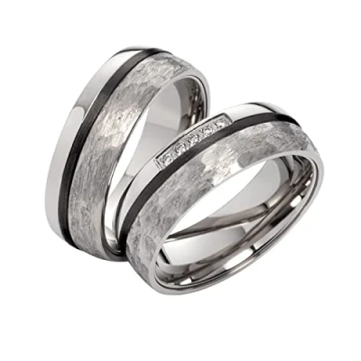Abbildung von Paar Trauringe aus Titan und Carbon mit 5 Diamanten, Partnerringe, Eheringe, Hochzeitsring (Gravur/Etui/Garantie) 9046
