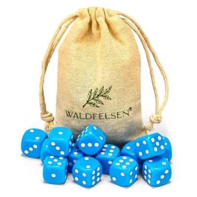 Abbildung von Waldfelsen 6, 12, 20, 30 oder 50 hochqualitative Würfel Standardgröße 16 mm Acrylwürfel Knobel Spielwürfel Dice 6 seitig sechsseitig Spielzubehör Set mit Stoffbeutel (Himmelblau, 12 Stück)