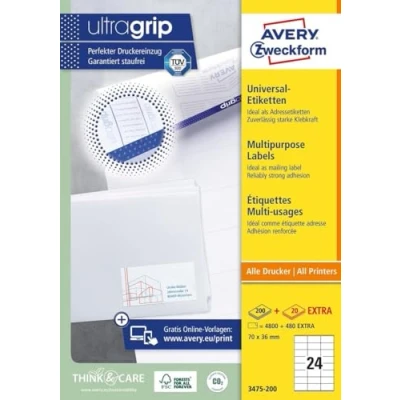Abbildung von AVERY Zweckform 3475 200 Adressaufkleber (4.800 plus 480 Klebeetiketten extra, 70x36mm auf A4, Papier matt, bedruckbare Absenderetiketten, selbstklebende Adressetiketten mit ultragrip) 220 Blatt, weiß
