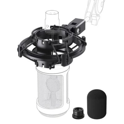 Abbildung von AT2020 Mikrofon Pop Filter mit Stoßdämpfer für MIC Anti Vibrations Federung, Shonck Halterung, Clip, kompatibel Audio Technica und Galgenarm Mikrofonständer