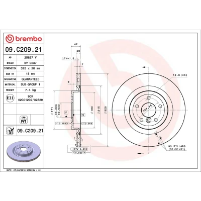 Abbildung von BREMBO COATED DISC LINE 09.C209.21 Bremsscheibe 325 20 5 innenbelüftet beschichtet JAGUAR: XF Sportbrake, Limousine