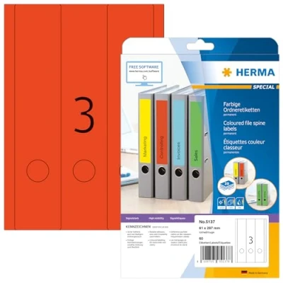 Abbildung von HERMA 5137 Ordnerrücken Etiketten lang breit, 20 Blatt, 61 x 297 mm, 3 pro A4 Bogen, 60 Stück, selbstklebend, bedruckbar, blickdicht, blanko Papier Ordneretiketten Rückenschilder Aufkleber, rot