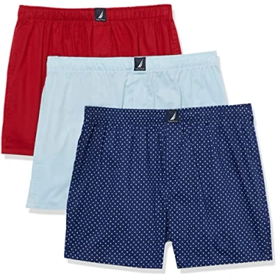 Abbildung von Nautica Herren Cotton Woven 3 Pack Boxers Boxershorts, Noon Blue Red/Polka Dot Print, Large
