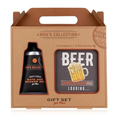 Abbildung von Accentra Geschenkset MEN&#039;S COLLECTION in Geschenkbox aus Kraftpapier mit Griff, inkl. 60ml Badegel und Duschgel, 2x Bierdeckel eckig, Duft: Birke &amp; Zeder braun