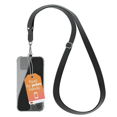 Abbildung von EAZY CASE Universal Handykette zum Umhängen geeignet für alle Smartphones Handyhüllen Kette Schwarz mit breitem Band Handyband jeder Hülle kombinierbar Smartphonekette in