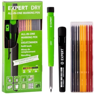 Abbildung von EXPERT DRY All in One Markierstift inkl. 11 Minen Nachfüllbarer Tieflochmarker mit Basic Set Vielseitig auf Holz, Glas, Metall Zimmermannsbleistift integriertem Spitzer