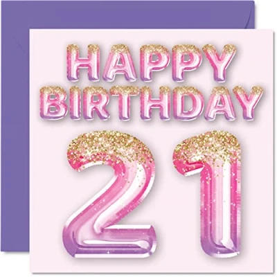 Abbildung von Stuff4 Geburtstagskarte zum 21. Geburtstag für Frauen rosa und lila Glitzerballons Happy Karten 21 Jahre alte Frau Tochter Schwester Tante Cousin, 145 mm x Grußkarten Geschenk