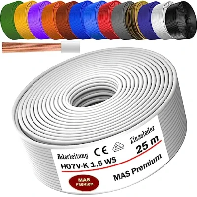 Abbildung von MAS Premium Von 5 bis 100m Aderleitung H07 V K 1x1,5 mm² SW, HBL, GNGE, GN, RT, DBL, BR, OR, GR, WS, VIO, U MAR.BL oder GE Einzelader flexibel (Weiß, 25m)