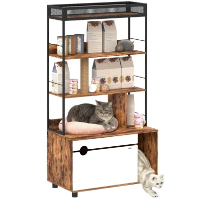 Abbildung von PawHut Tierhaus 2 in 1, mit 3 Ebenen Regal, Kratzpfosten, Klapptür, für Katze unter 6 kg, 80 x 48 152 cm, Rustikal Braun