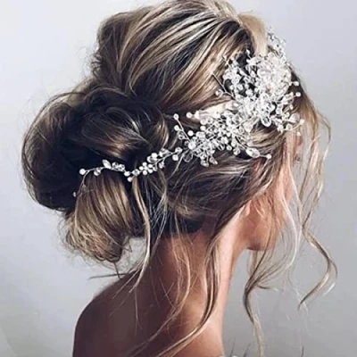 Abbildung von Bufenia Kristall Braut Kopfschmuck Blume Silber Haarrebe Hochzeit Haarschmuck für Frauen