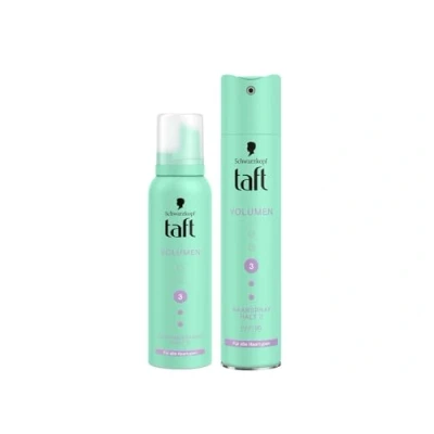Abbildung von Taft Schwarzkopf Schaumfestiger Volumen (150ml) Haltegrad 3 Haarschaum für alle Haartypen volumengebendes Mousse &amp; Haarspray (250 ml) Haarstyling vegane Formel*